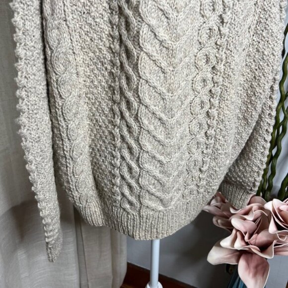 Vintage House of Ireland Hand Knit Wool Sweater Fisherman Oatmeal Unisex Size XL - Picture 10 of 12